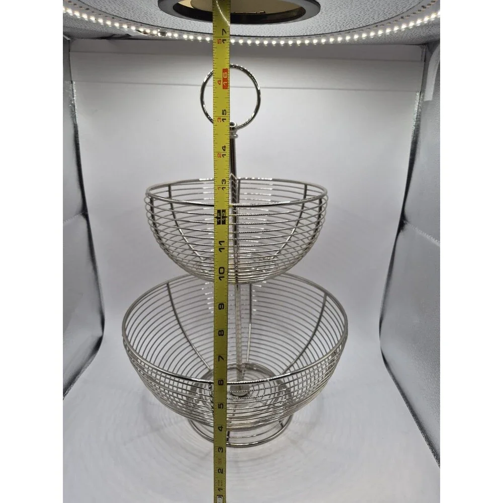 2 Tier Chrome Basket Storage Fruit & Vegetable Round Bowl Kitchen Stand Rack